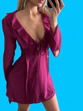 Whitefox Deep Fuchsia Ruffle Tie-Front Mini Dress